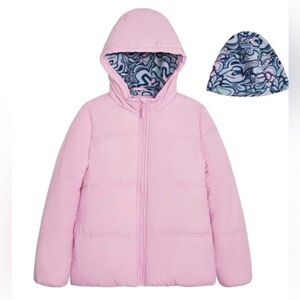 NWT London Fog Girls Fleece Lined Puffer Jacket Coat w/ Beanie Pink size 10-12 M